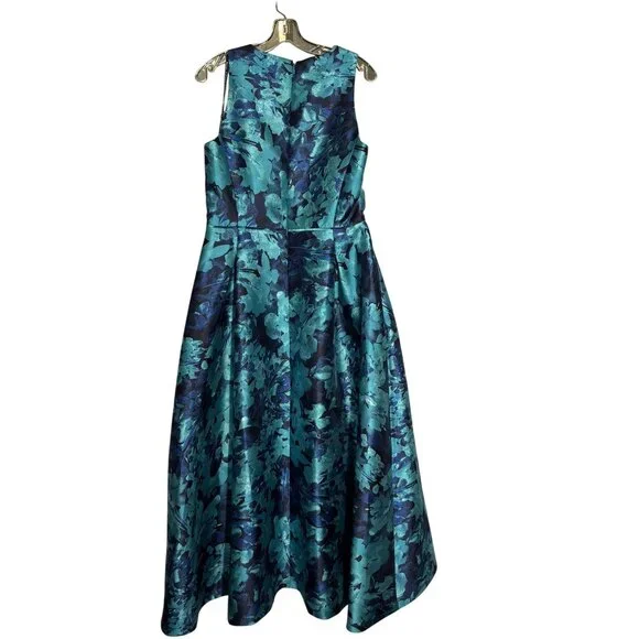 Tahari Arthur S. Levine Floral Sleeveless Maxi Dress Size 12 Blue/Teal Satin - Picture 2 of 11